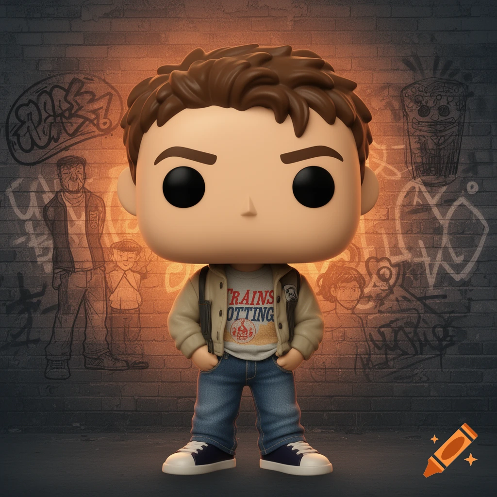 A stylized Funko Pop figure of a young man with brown hair, beige jacket, and jeans, stands against a graffiti-covered brick wall.