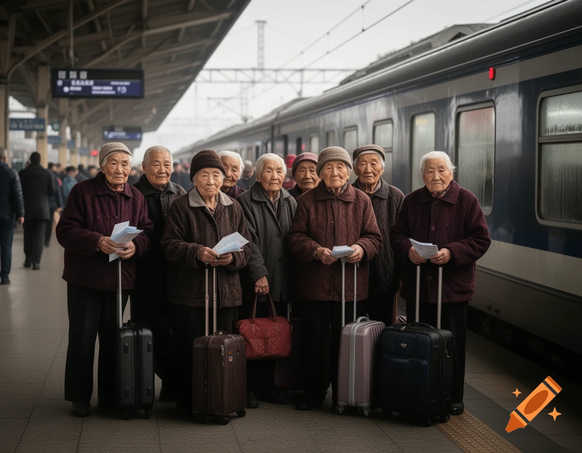 A group of elderly people with luggage and tickets stand on a train station platform next to a train.