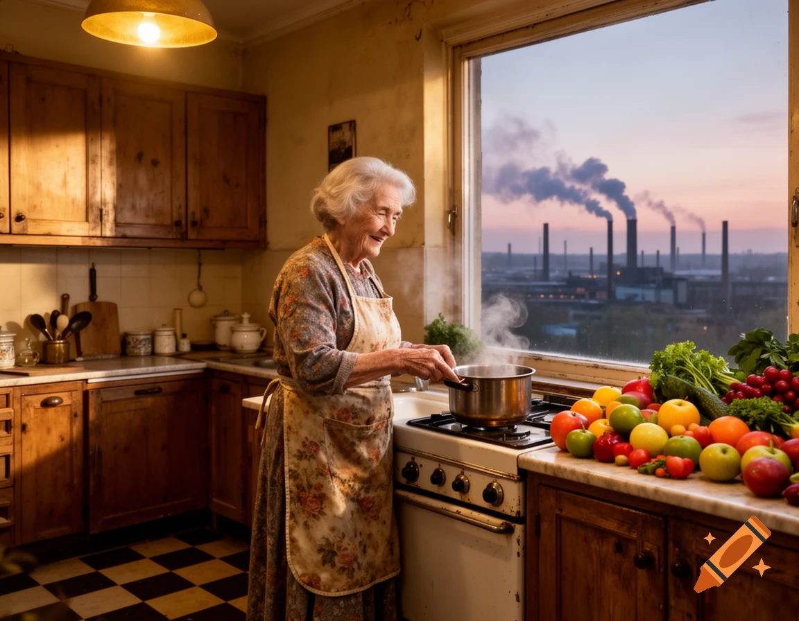 An elderly woman cooks in a rustic kitchen with fresh produce, a cityscape of smoking factories seen through the window at dusk.