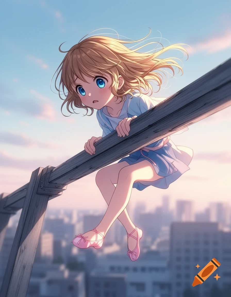 An anime girl with blue eyes and blonde hair fearfully dangles from a wooden beam high above a city, wearing a blue dress and pink ballet slippers.