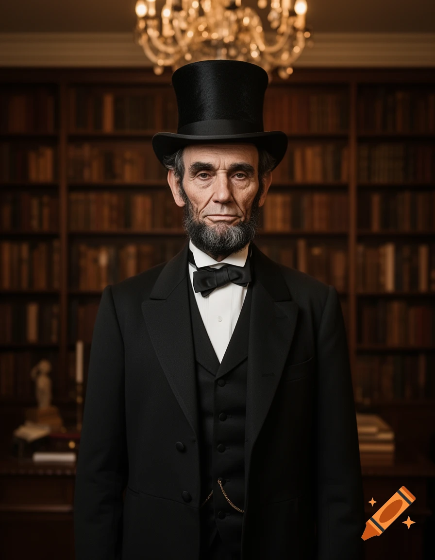 A realistic portrait of Abraham Lincoln wearing a top hat and suit, standing in a library with a chandelier overhead.