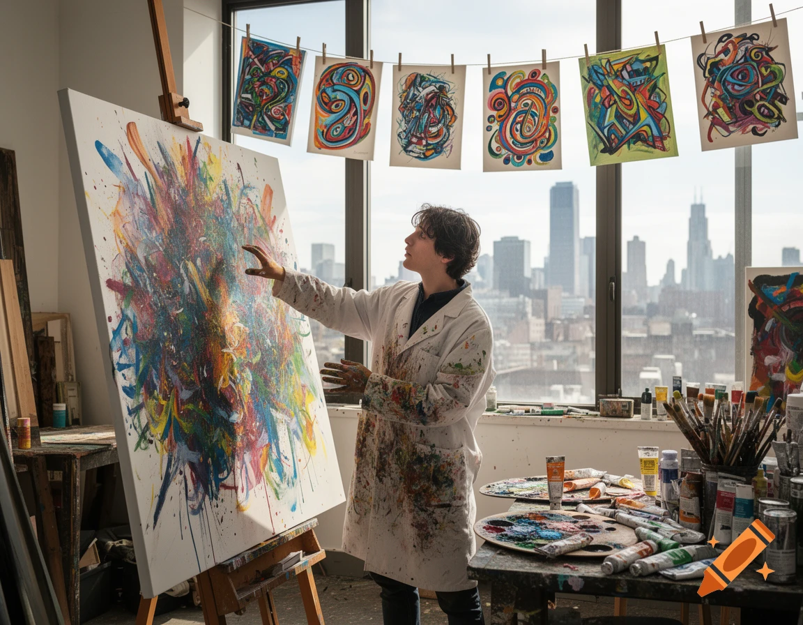 An artist in a paint-splattered smock works on a large, vibrant abstract painting in a studio overlooking a city skyline.