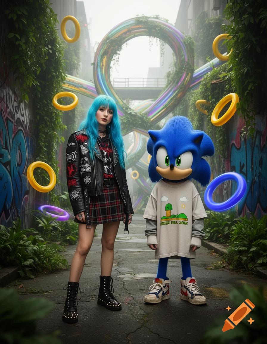 An alternative girl with blue hair in a leather jacket and plaid skirt stands next to a person in a Sonic the Hedgehog costume in a graffiti-covered, overgrown alleyway with floating gold and iridescent rings.