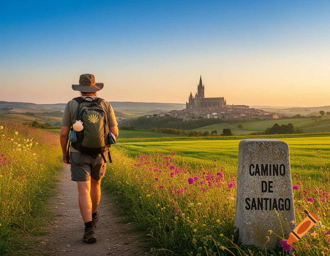 A person hikes on a path through a wildflower field towards a distant city with a cathedral, with a stone marker reading 'Camino de Santiago'.