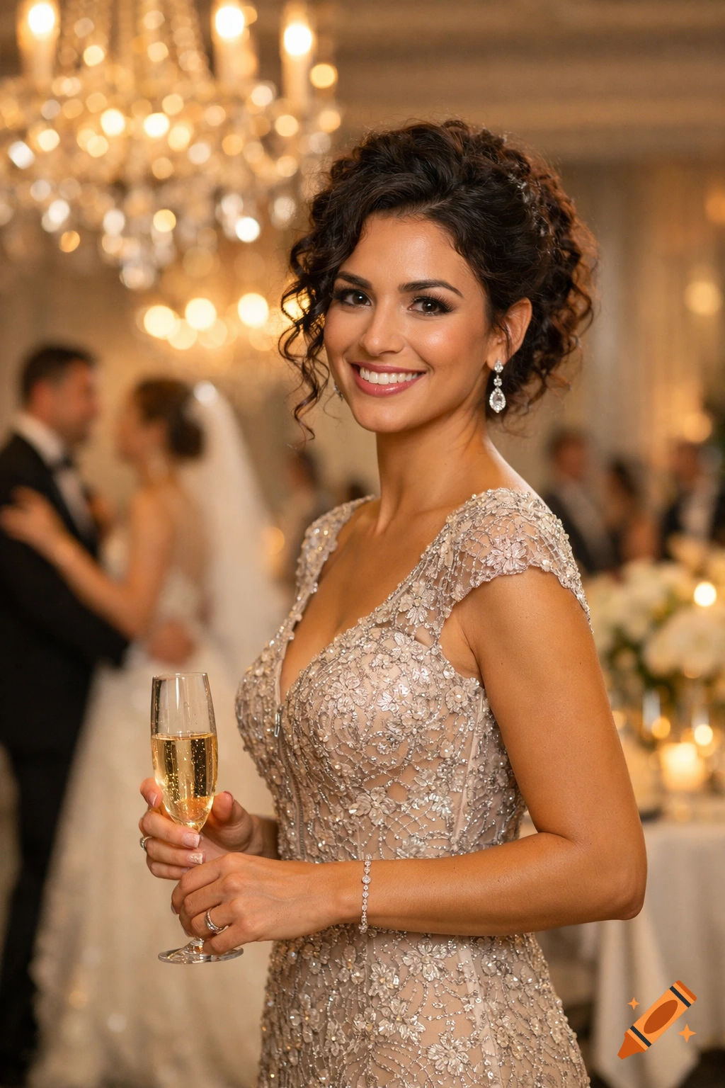 Smiling woman in an elegant beaded gown holding a champagne glass at a formal event.
