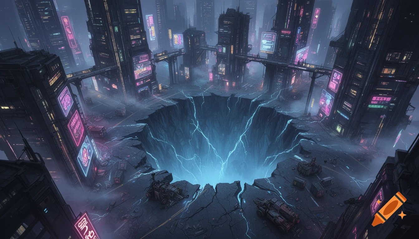 A dark cyberpunk city at night with neon lights and a massive, glowing ...