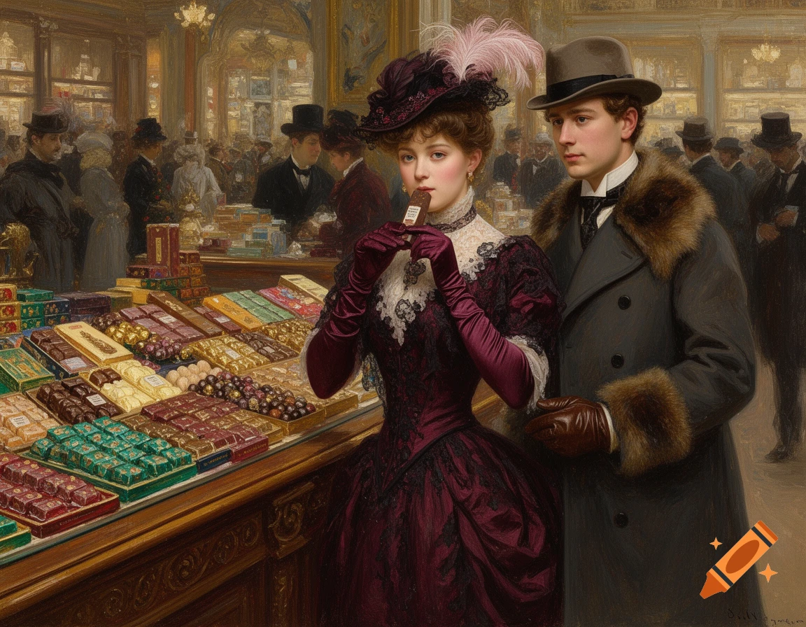 An oil painting of a Victorian woman in a burgundy gown holding a chocolate bar, standing next to a man in a fur-trimmed coat, in an ornate chocolate shop filled with candies.