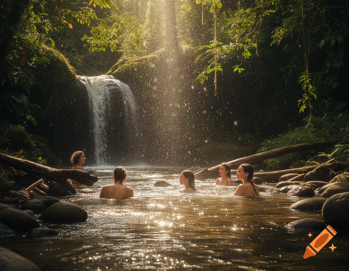 People relax in a sun-dappled natural pool with a waterfall in a lush forest, light sparkling on the water.
