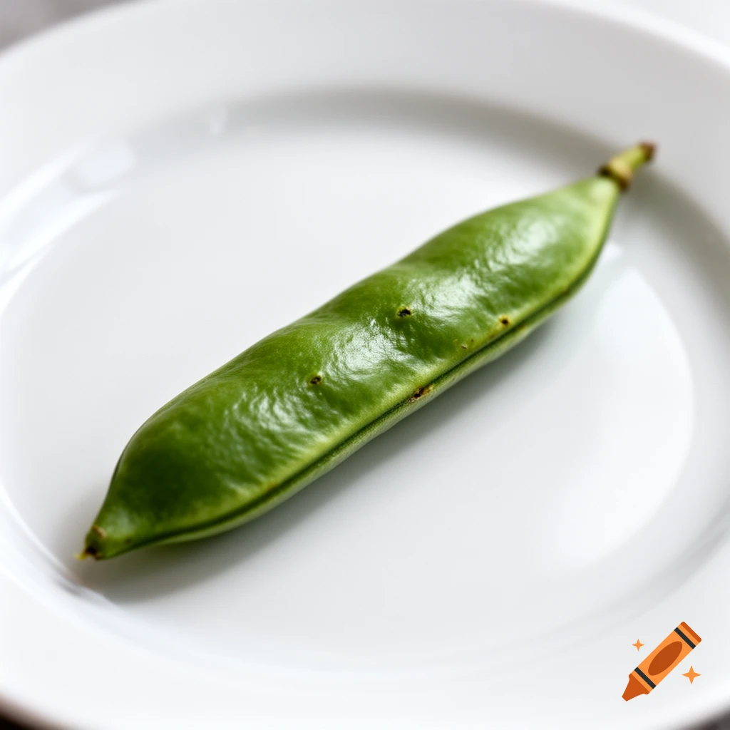 A single green bean pod rests on a white plate, captured in a close-up shot.