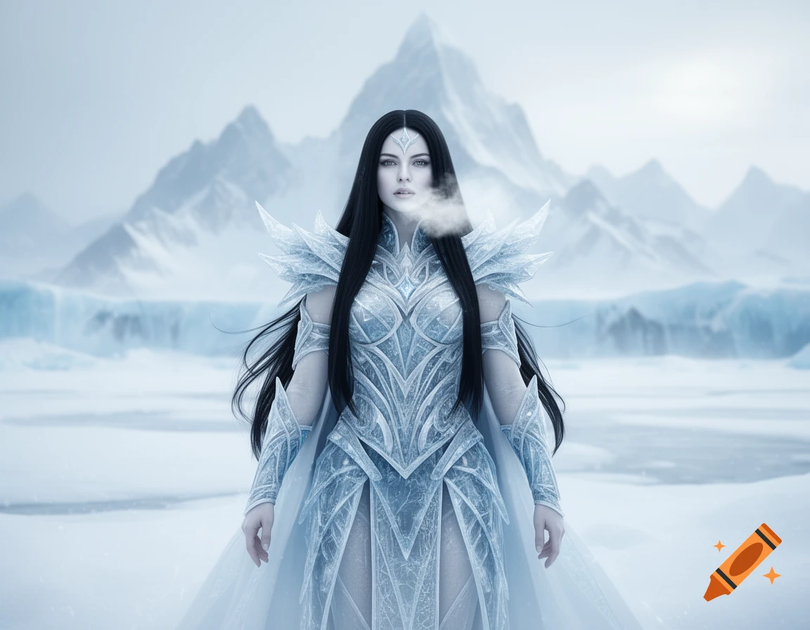 A black-haired ice goddess in elaborate blue and silver armor stands in a snowy mountain landscape, exhaling frosty breath.
