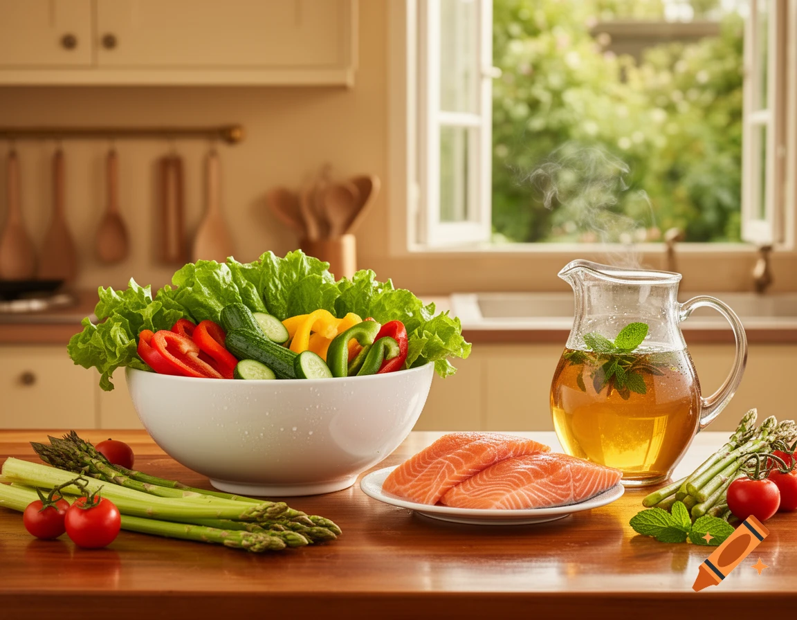 Photorealistic healthy meal on a kitchen counter with salad, salmon, asparagus, tomatoes, and a pitcher of steaming mint tea.