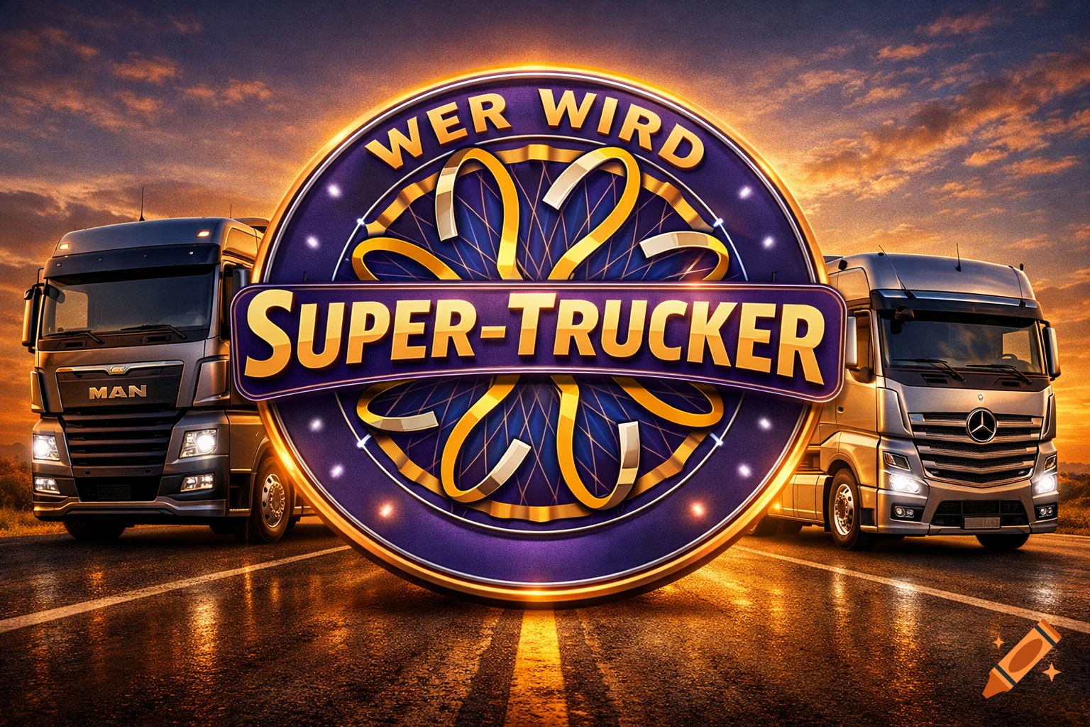 Two semi-trucks flank a glowing purple and gold logo reading 'WER WIRD SUPER-TRUCKER' on a wet road at sunset.