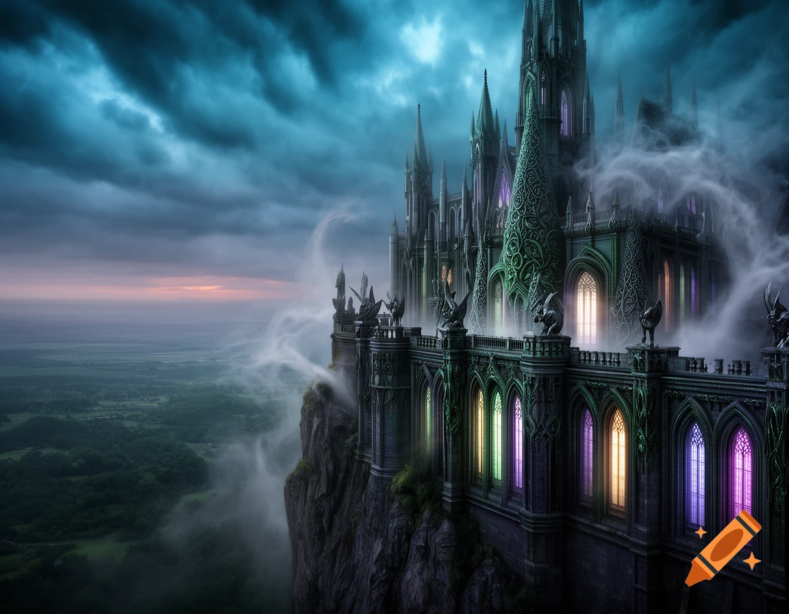 A grand, dark fantasy castle on a cliff, overlooking a misty landscape under a dramatic, cloudy sky, with glowing colorful windows.