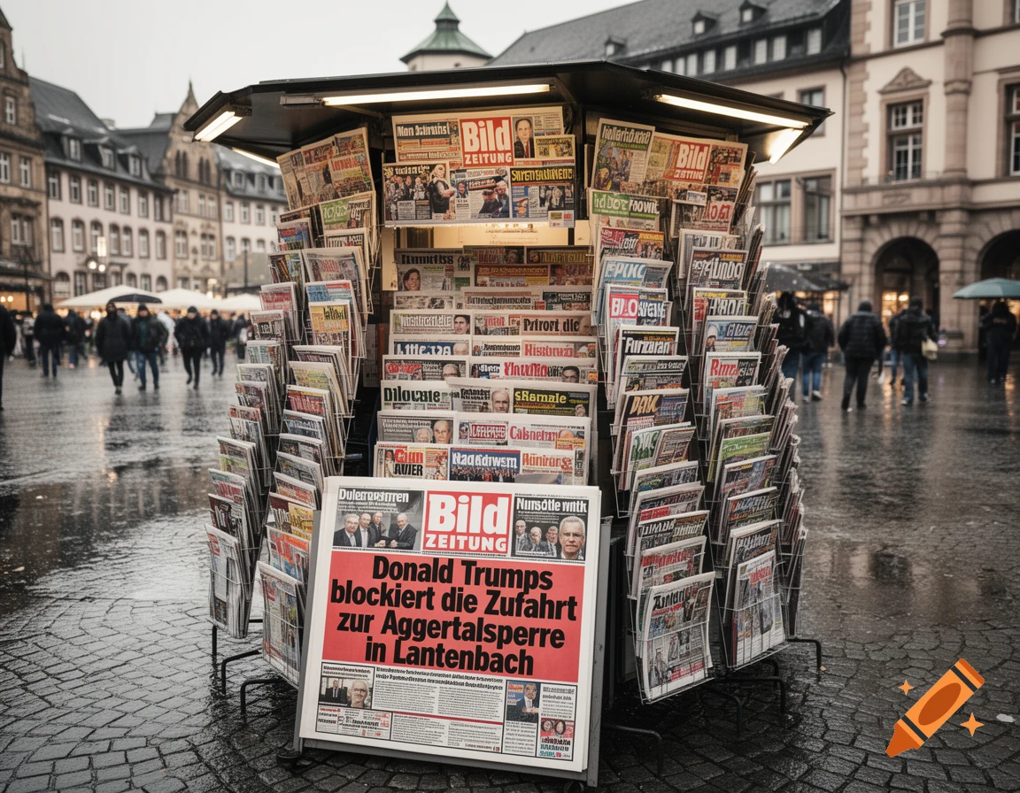A photorealistic image of a newspaper stand on a wet, cobblestone street in a European city, with people in the blurred background.