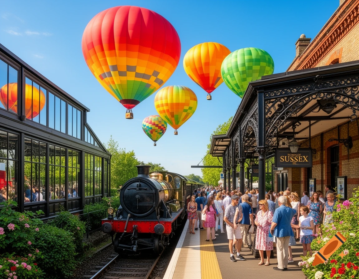 Photorealistic scene of a bustling train station with a vintage train, people, and colorful hot air balloons in the sky.