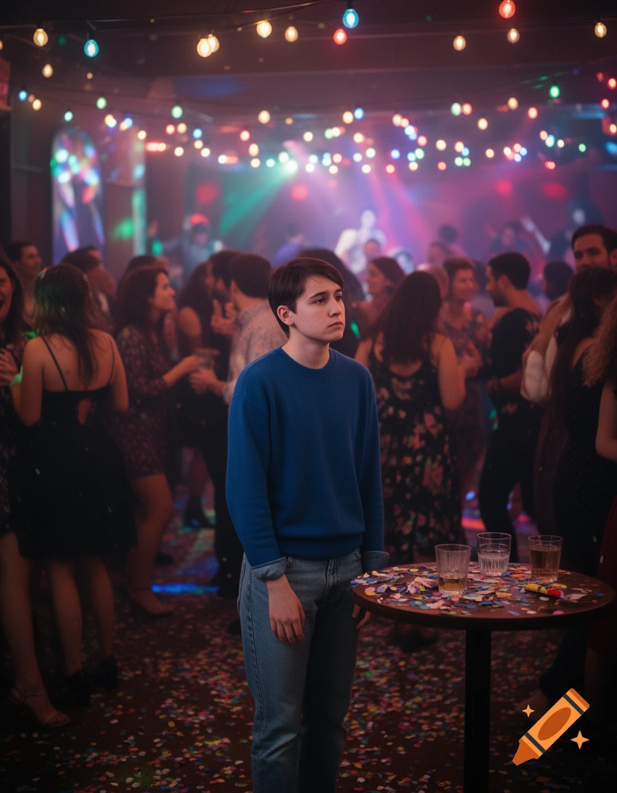 A young person in a blue sweater and jeans stands looking sad and lonely at a lively, colorful party with confetti on the floor.