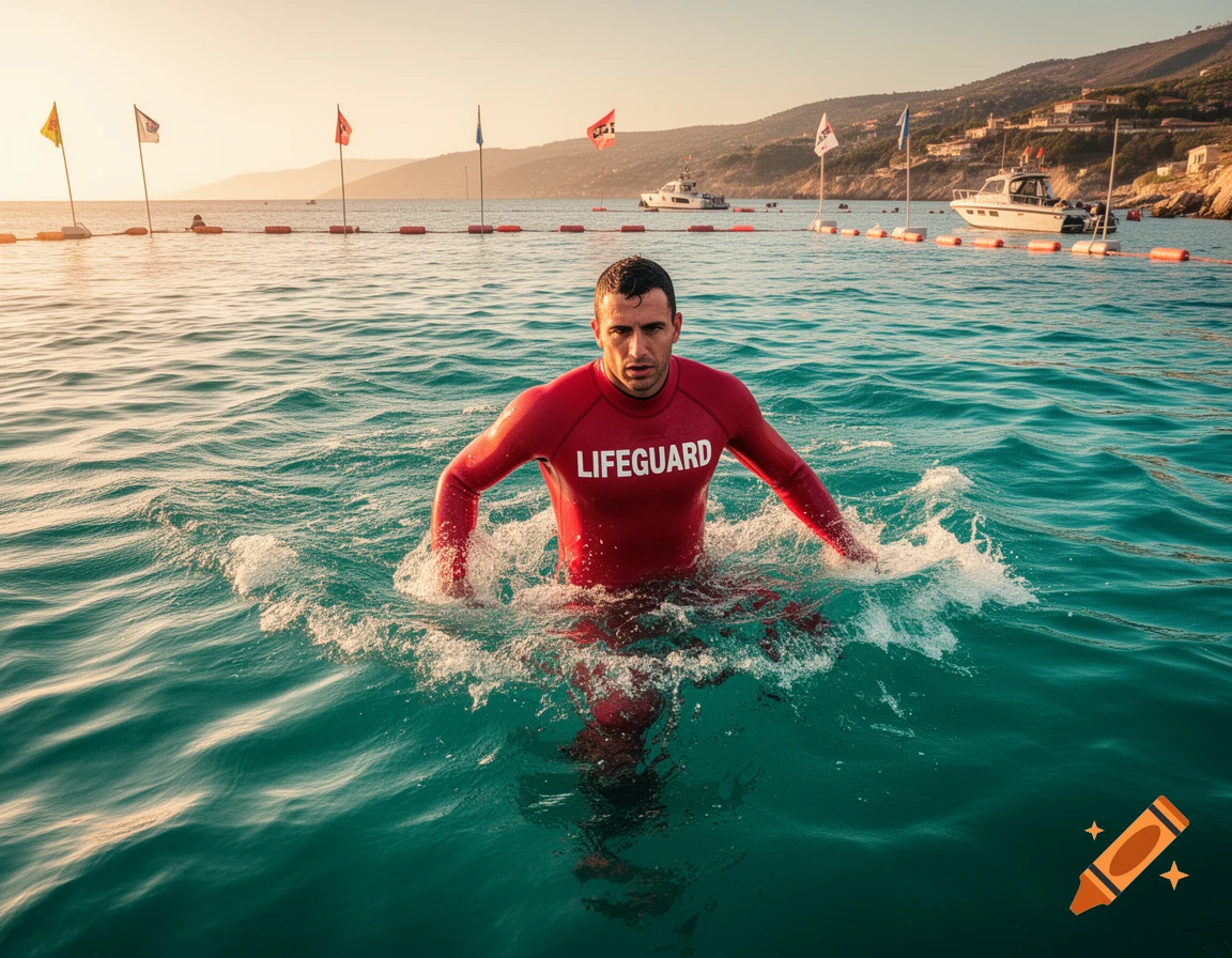 Muscular male lifeguard in a red uniform emerges from turquoise ocean water, with flags and boats in the background at sunset, photorealistic.