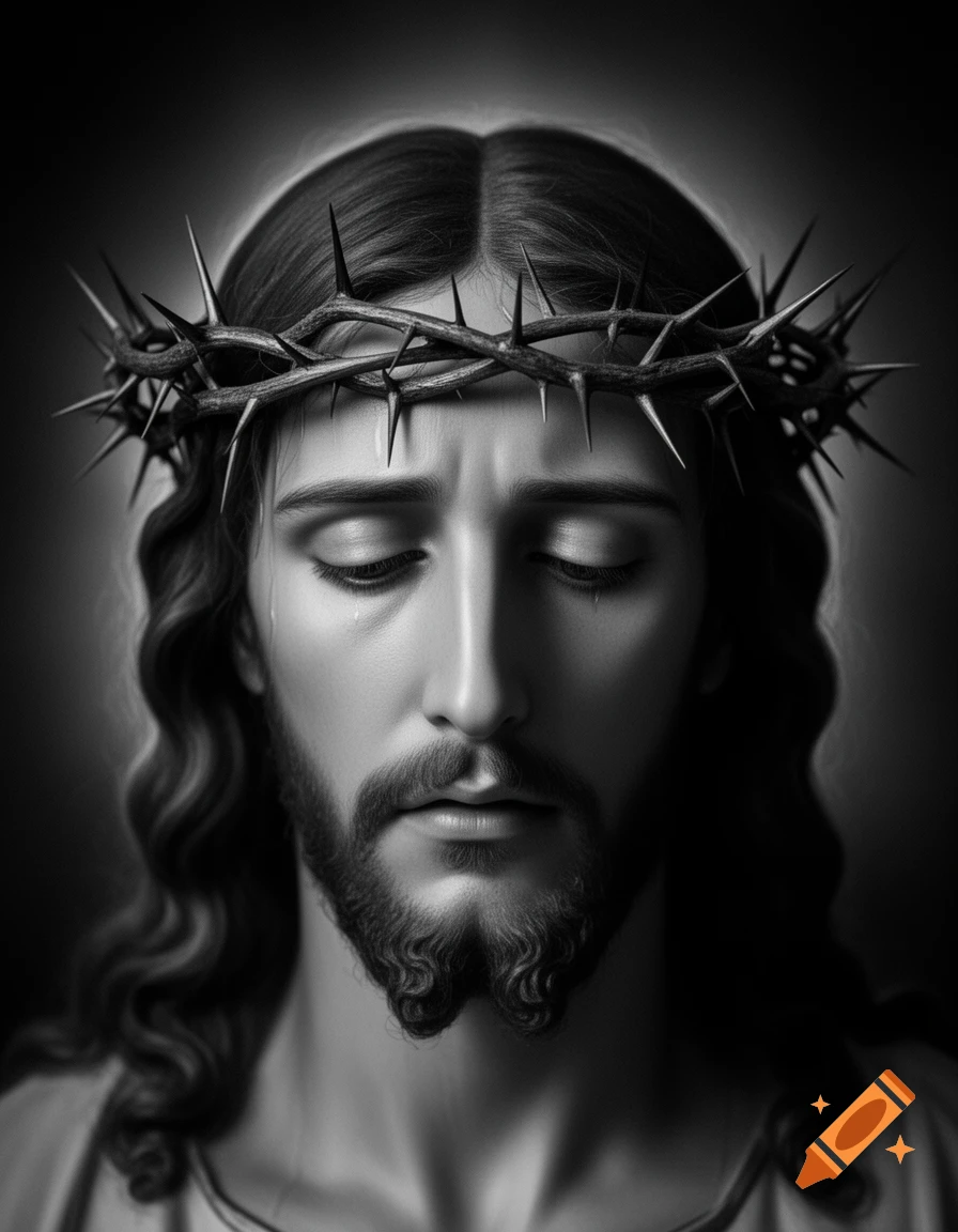 Black and white portrait of Jesus looking down, wearing a crown of thorns, with a heavenly light on his face.