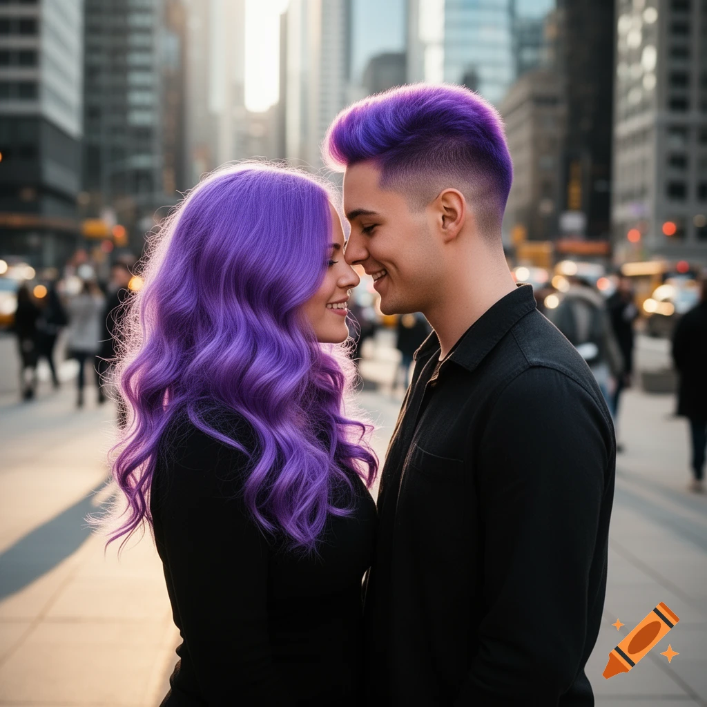 A photorealistic image of a smiling couple with vibrant purple hair, looking at each other on a city street.