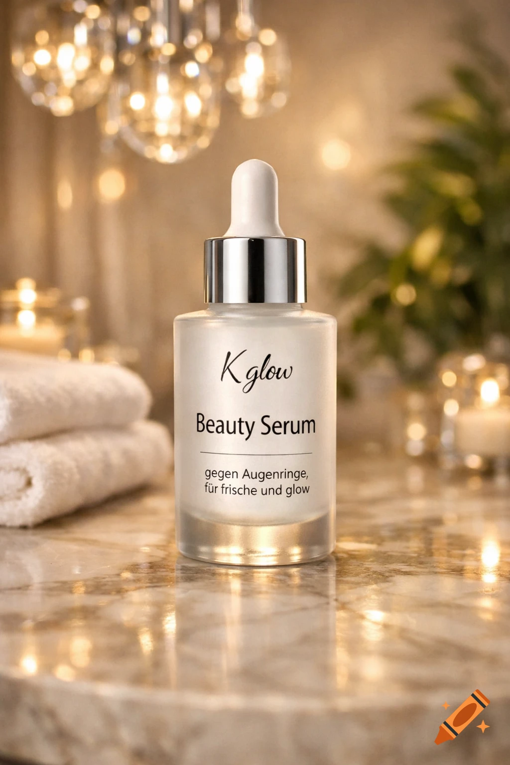 A white frosted glass bottle of K glow Beauty Serum with a silver dropper sits on a marble surface with blurred warm lights.
