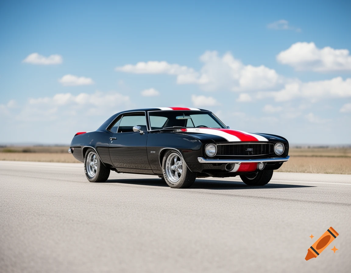 A black classic car with red and white racing stripes on the hood and trunk, parked on an asphalt road under a clear blue sky with scattered clouds.