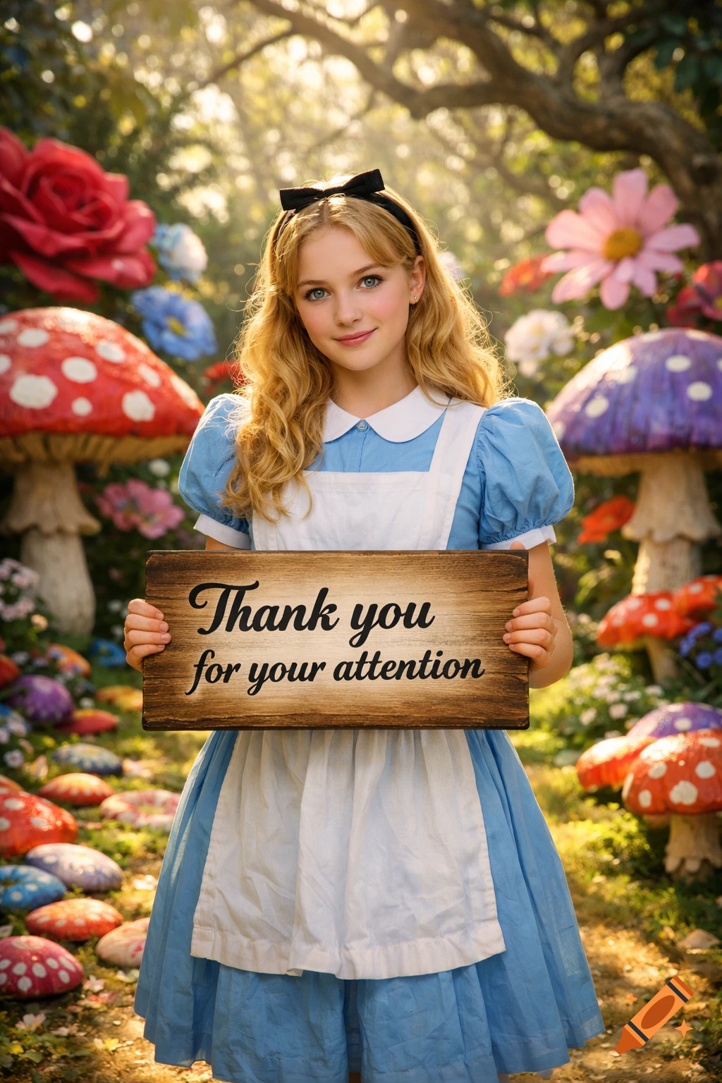 Alice in Wonderland stands in a whimsical, sunlit garden with oversized mushrooms and flowers, holding a wooden sign that reads 'Thank you for your attention'.