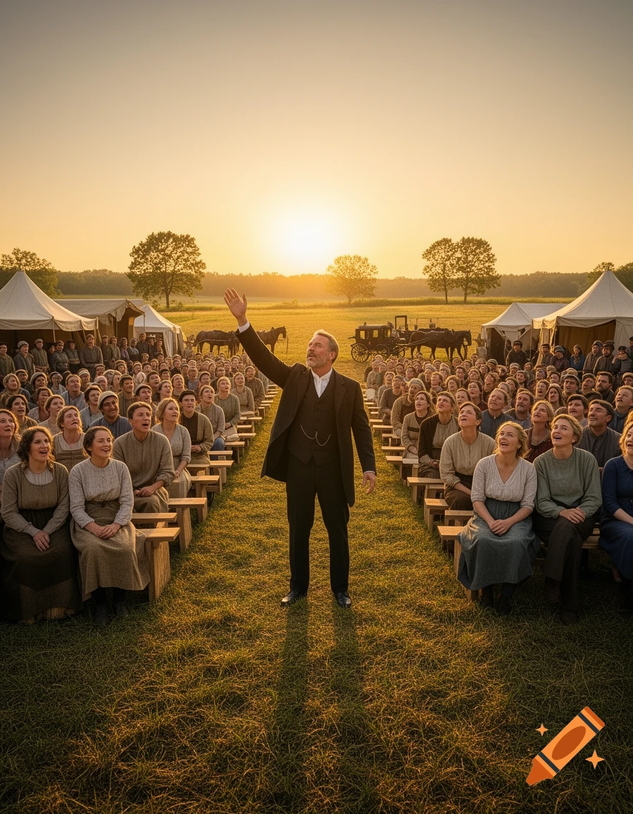 A man in a suit addresses a large crowd seated on benches in an outdoor field at sunset, with tents and carriages in the background.