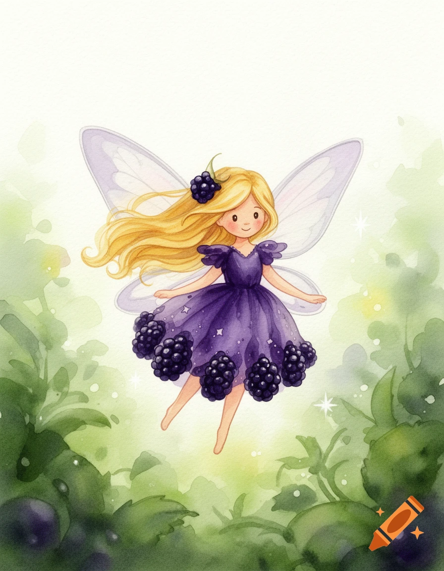 A cute blonde blackberry fairy with a purple dress adorned with blackberries and translucent wings, floating amidst green foliage in a watercolor style.