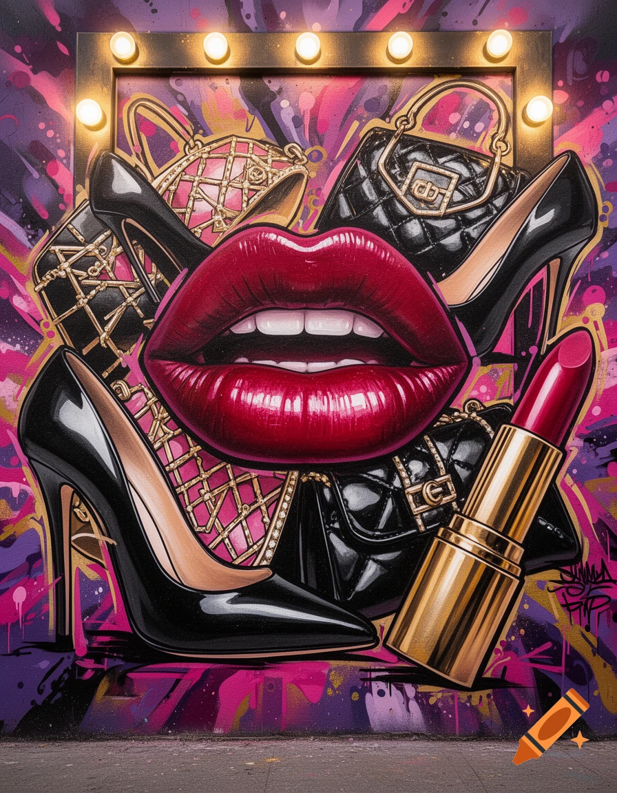 Vibrant graffiti mural featuring large red lips, black high heels, fashion purses, a lipstick, and bright vanity lights.