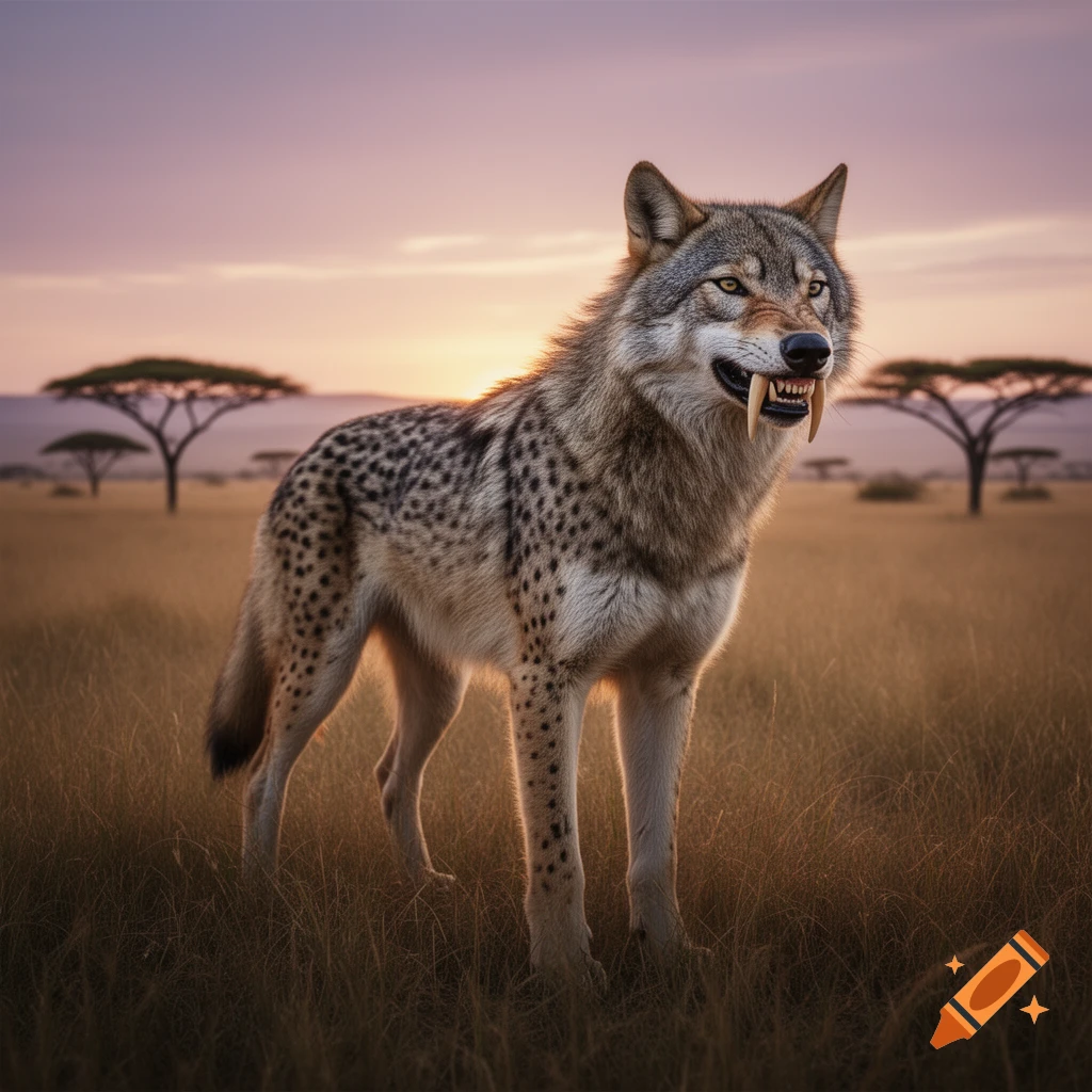 A sabretooth wolf-cheetah hybrid with spots and fangs stands in a grassy savanna at sunset.