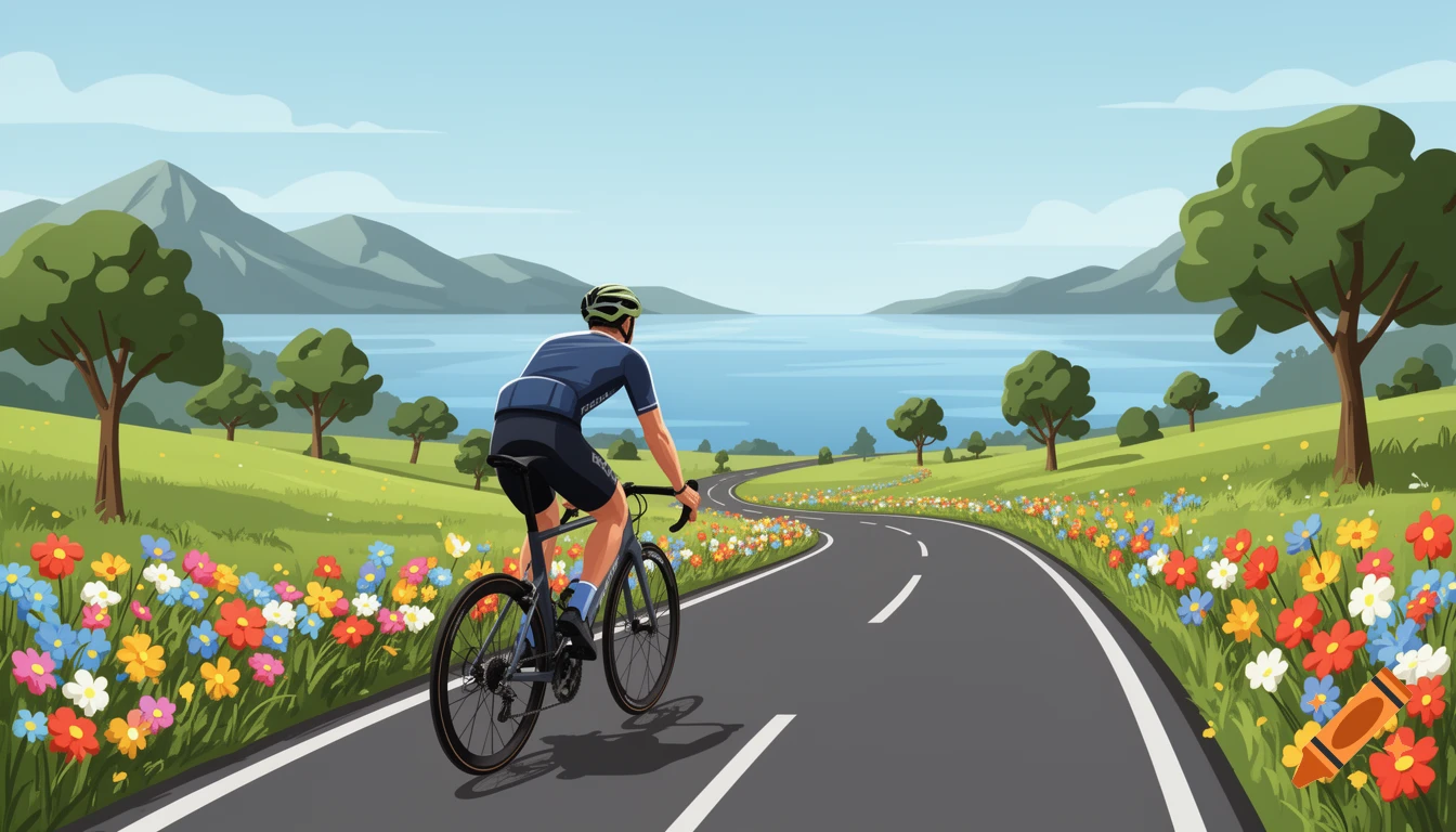 Vector art of a man cycling on a winding road through green hills with colorful flowers, a lake, and mountains under a blue sky.