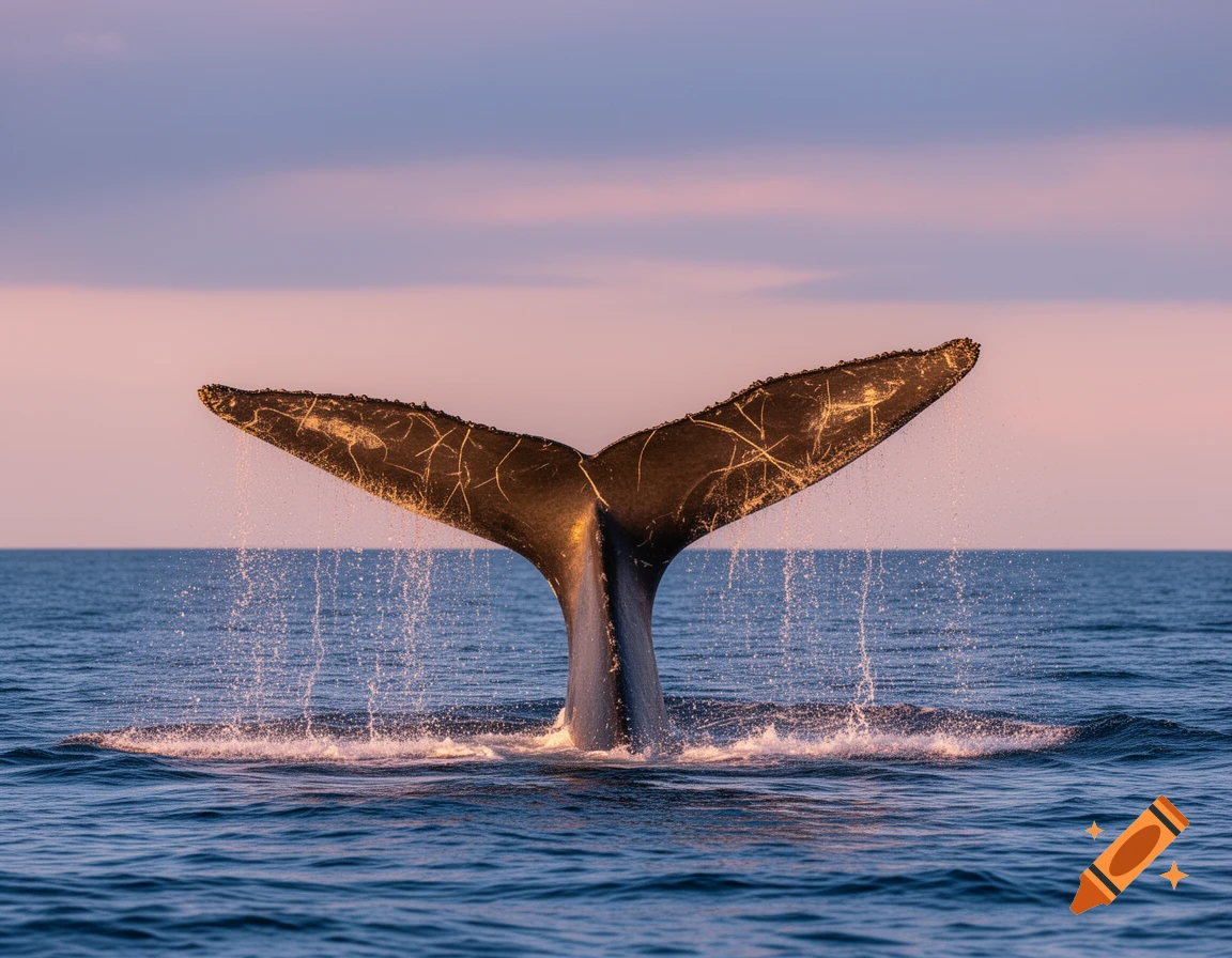 A whale's tail, dark with white markings, splashes in the ocean under a pink and purple sky at sunset.