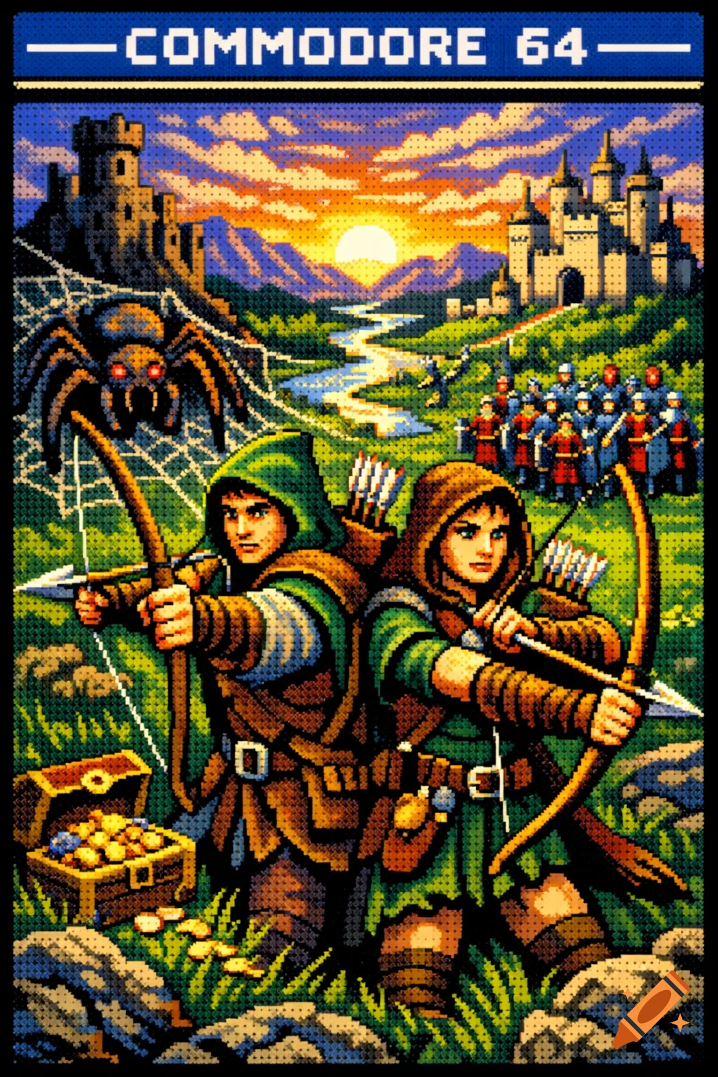 Pixel art Commodore 64 game cover with two archers, a giant spider, castles, soldiers, and a river at sunset.