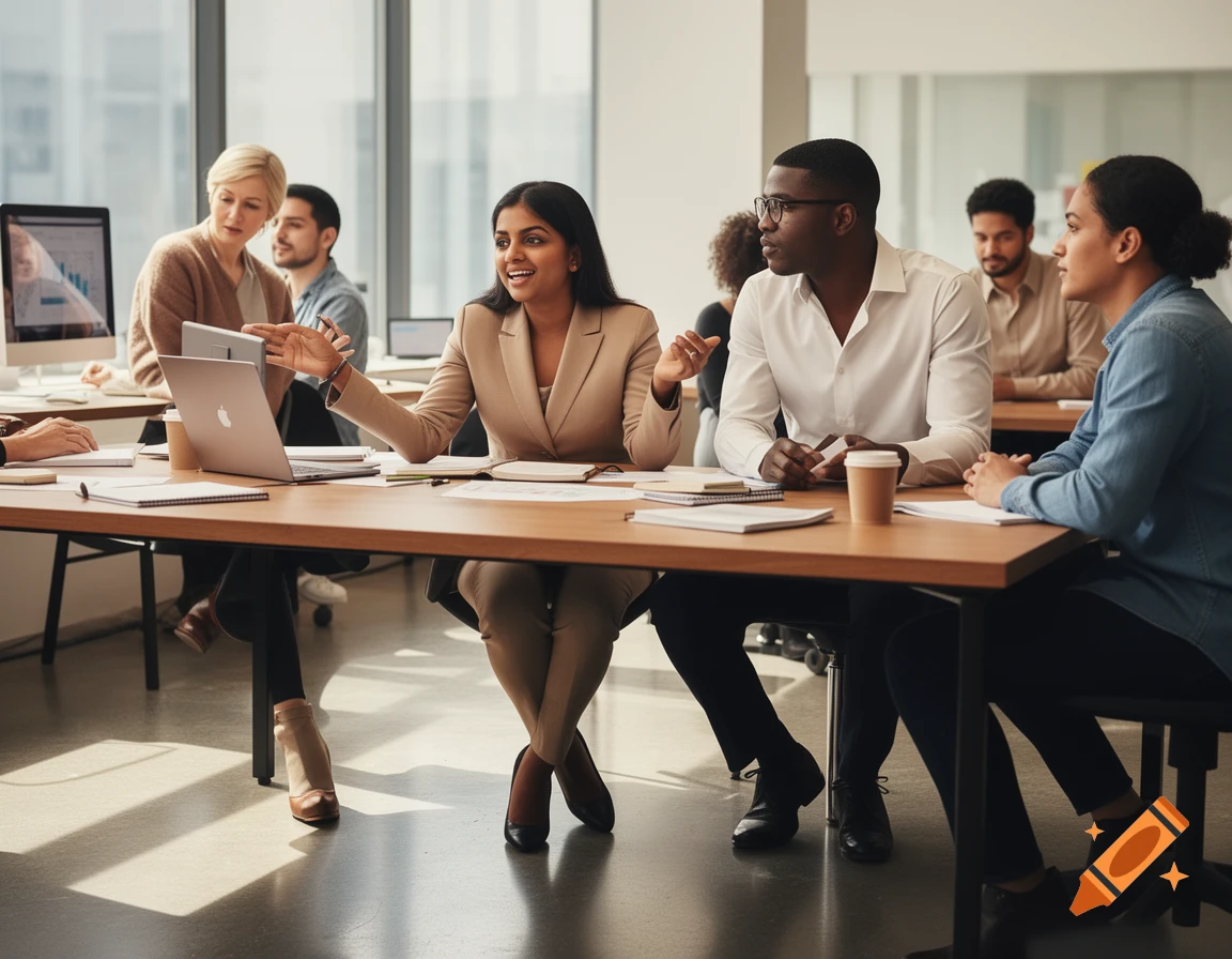 A diverse group of professionals having a discussion at a wooden table in a modern office.