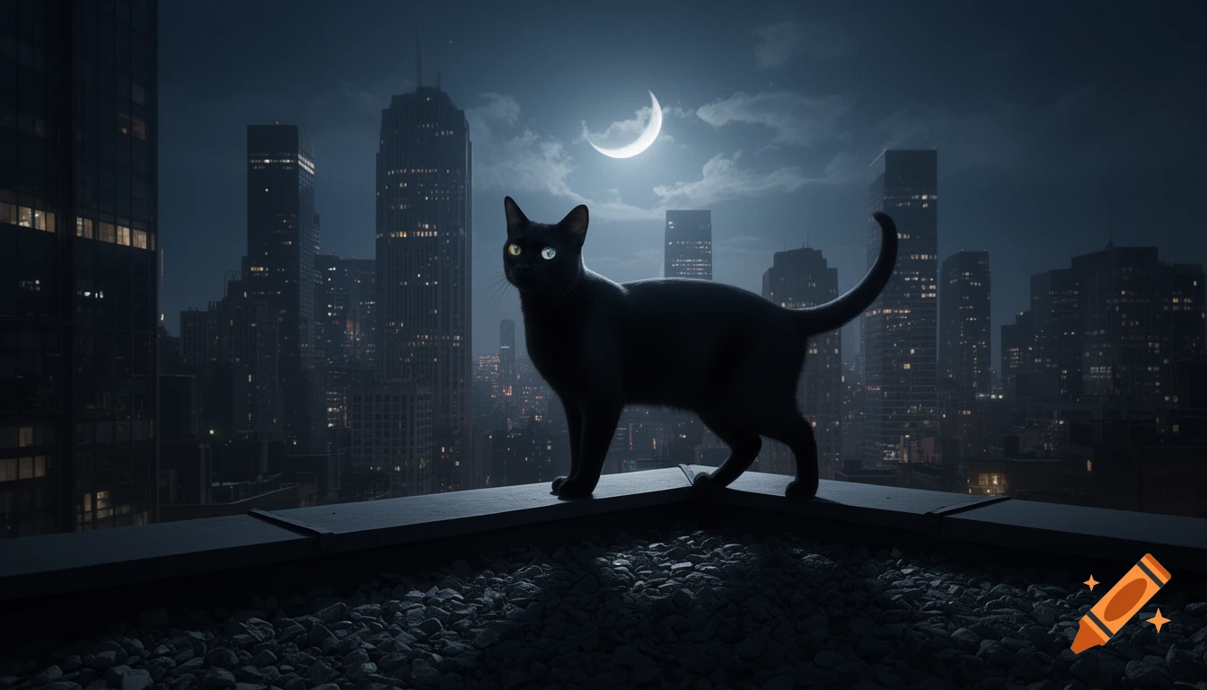A black cat with glowing, heterochromatic eyes stands on a city rooftop ...
