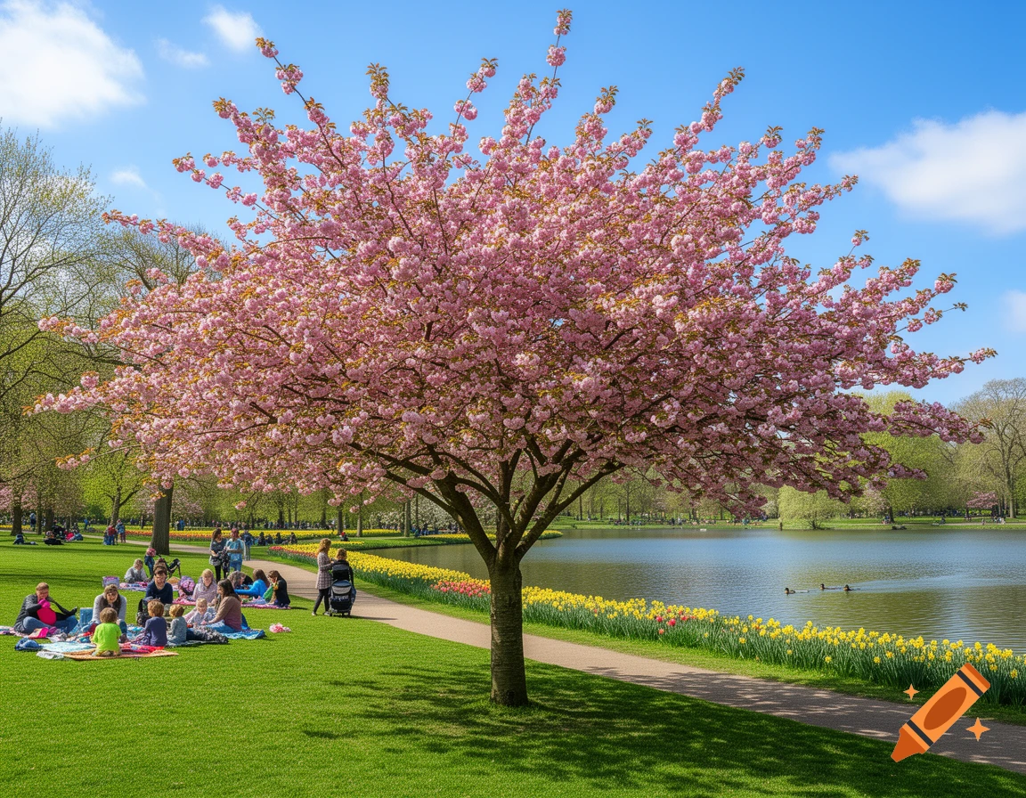 A vibrant spring park scene with a large pink cherry blossom tree, people picnicking, a path, a lake with daffodils, under a blue sky.