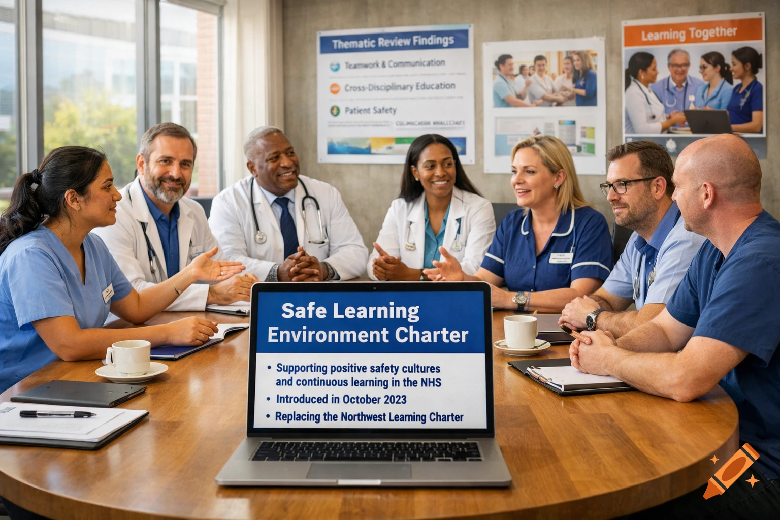Diverse medical professionals in a meeting discussing a 'Safe Learning Environment Charter' displayed on a laptop. Photorealistic style.