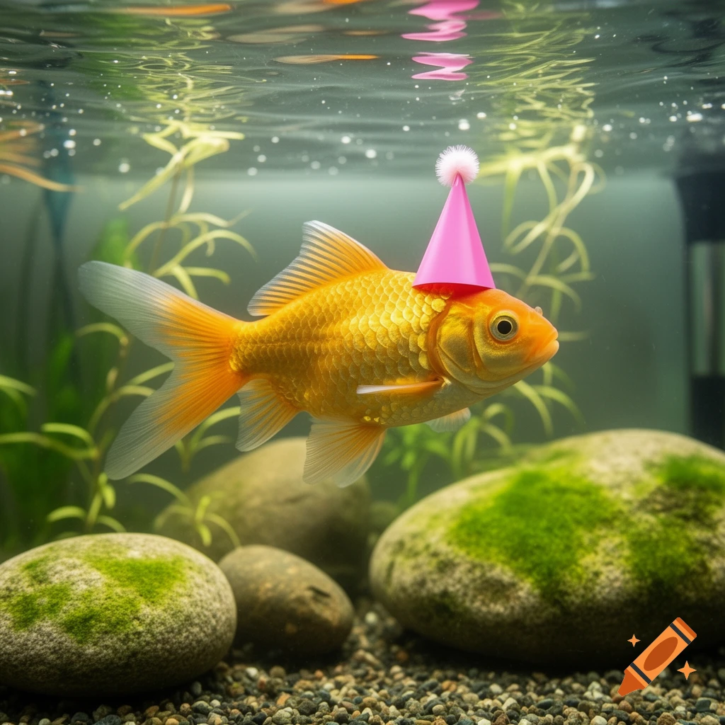A photorealistic goldfish wearing a pink party hat swims in a clear aquarium with rocks and green plants.