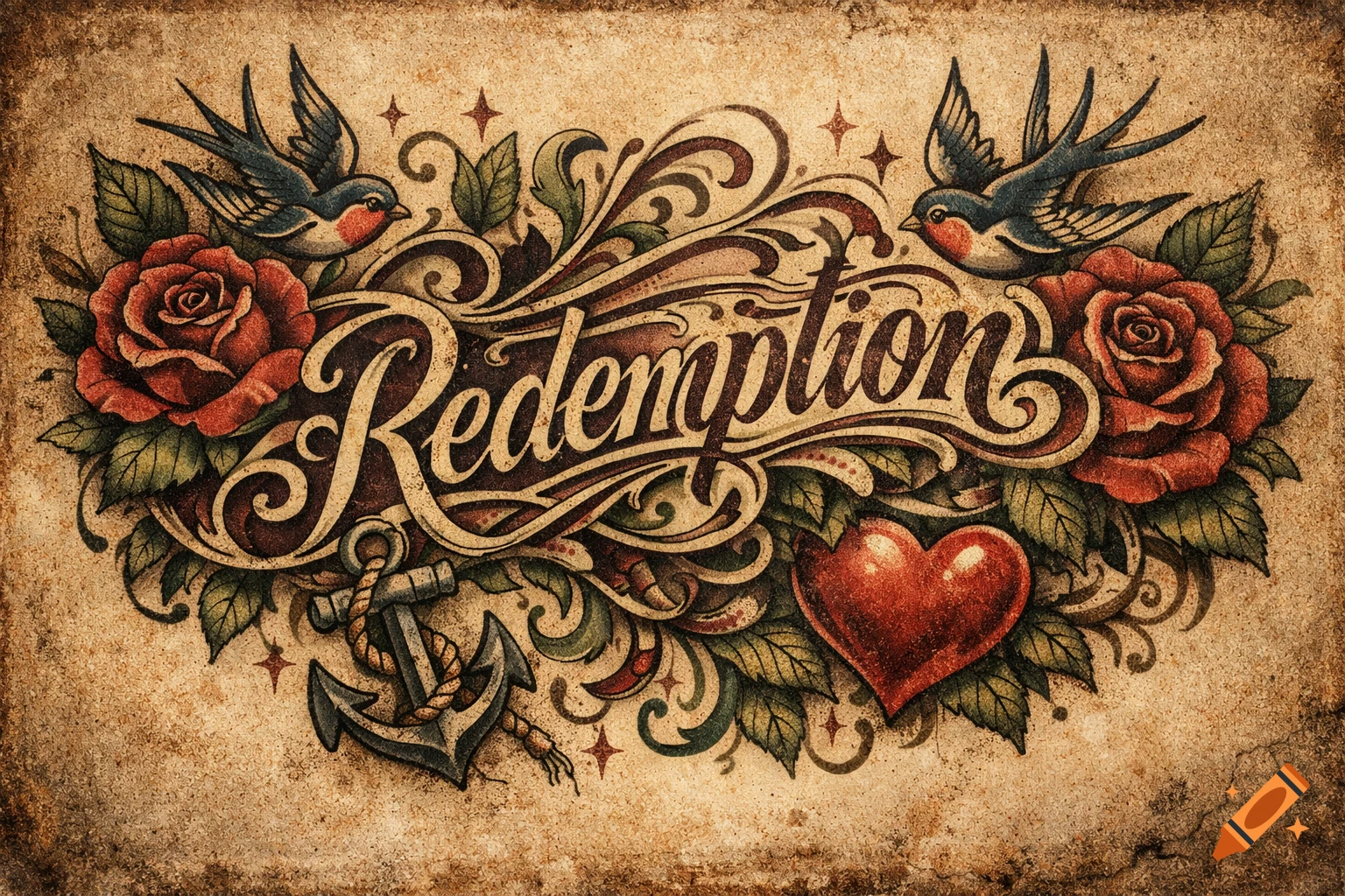 Vintage tattoo-style illustration of the word 'Redemption' with two swallows, red roses, an anchor, and a heart on a textured background.