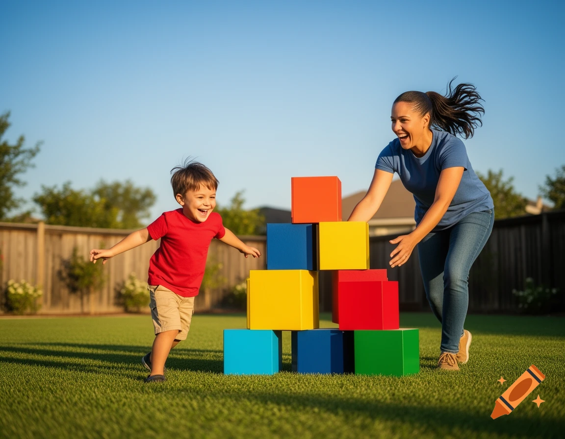 A happy woman and a laughing child play with colorful oversized building blocks on a sunny green lawn.