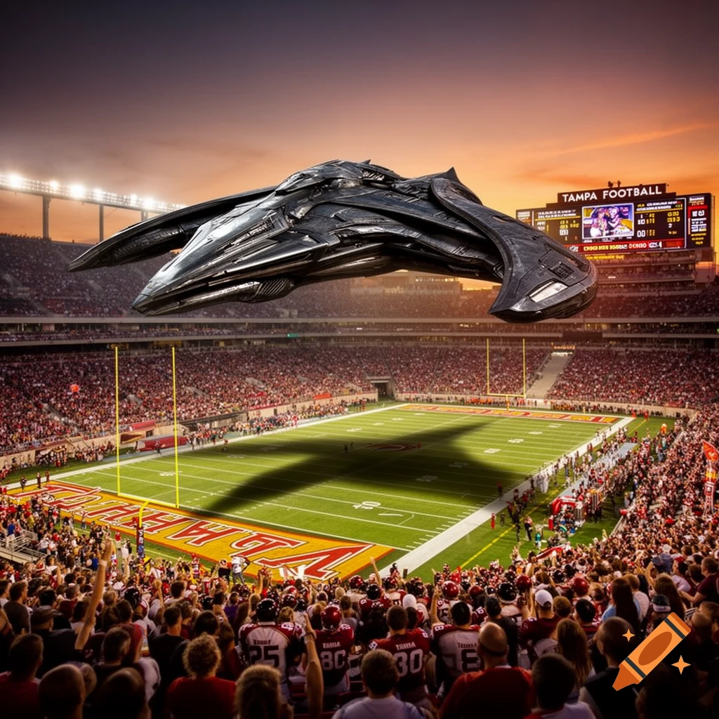 A dark, futuristic spaceship flies over a crowded football stadium at sunset, casting a large shadow on the field.