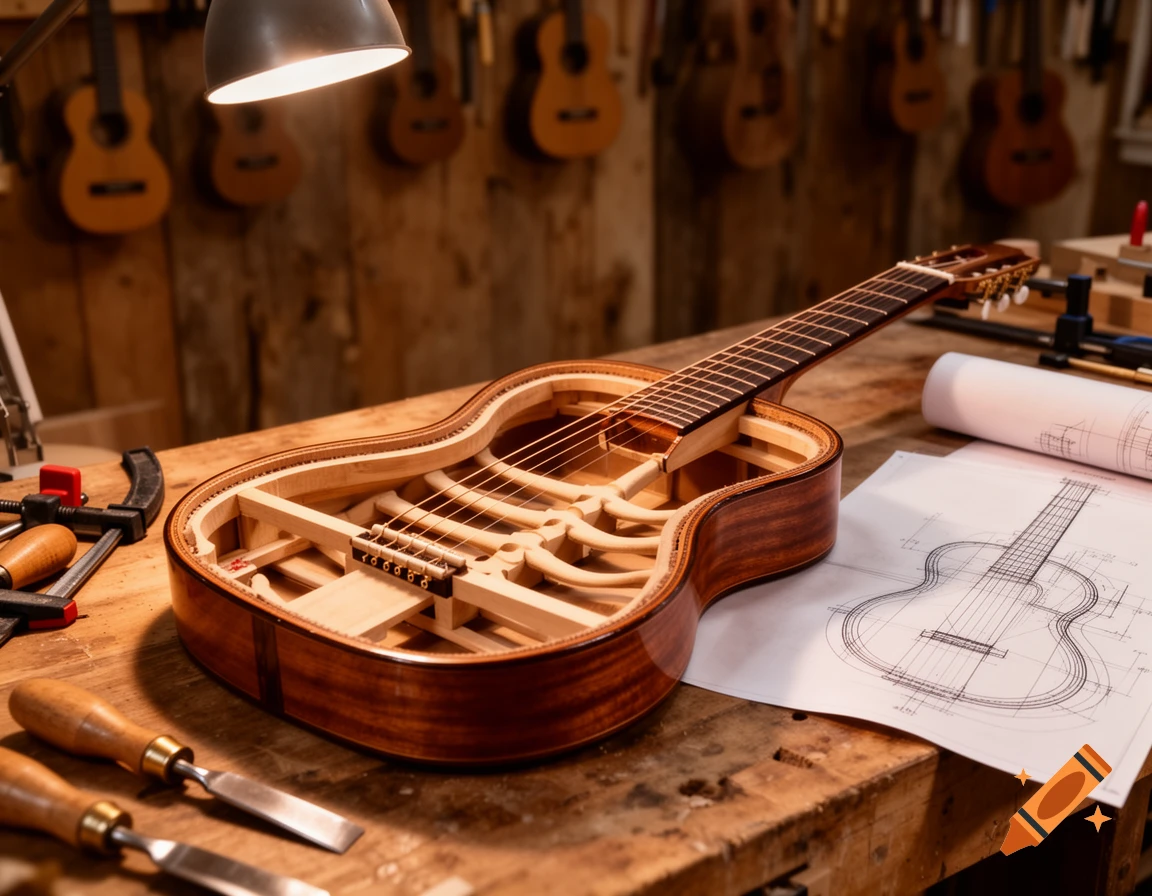 A photorealistic deconstructed guitar, revealing internal bracing, sits on a workbench with tools and blueprints in a workshop.