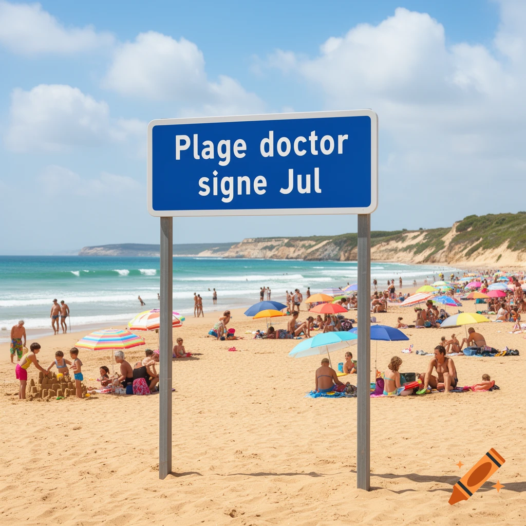 A photorealistic image of a crowded beach on a sunny day with a blue sign reading "Plage doctor signe Jul" in the foreground.