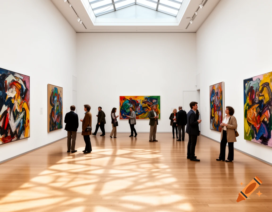 People admire colorful abstract paintings displayed on white walls in a spacious modern art museum with skylights and wooden floors.