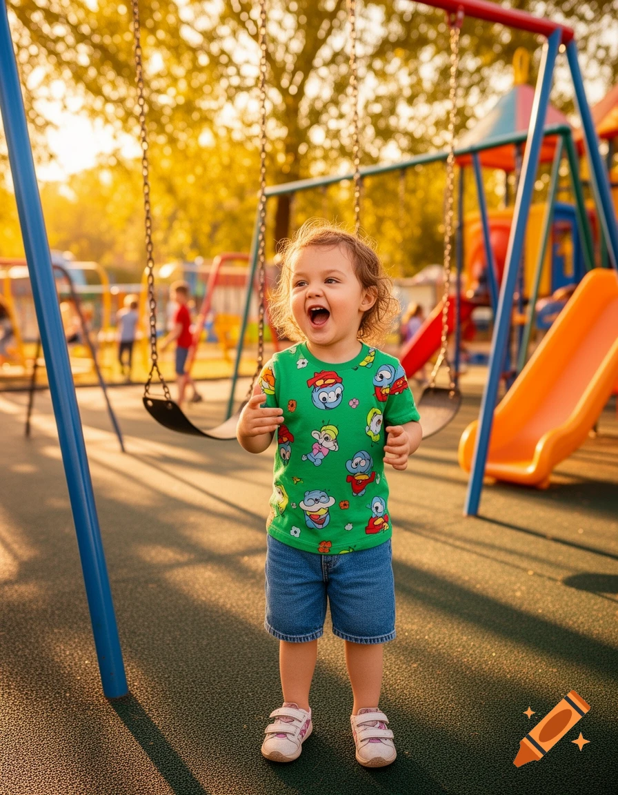 A happy young child with curly hair and a green cartoon shirt laughs on a sunny playground.