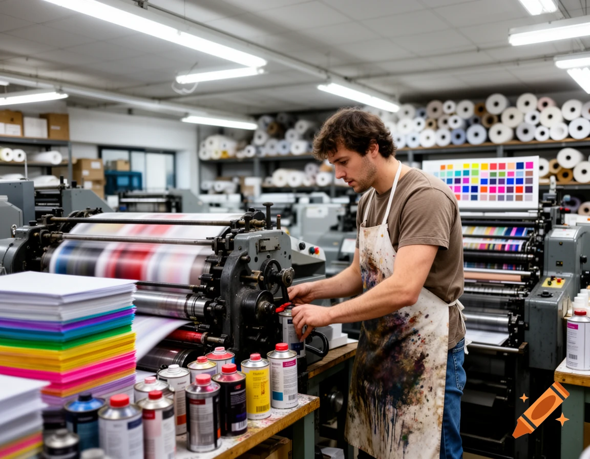 A male worker in a paint-stained apron adjusts a large printing press in a busy factory, surrounded by stacks of paper and ink cans.