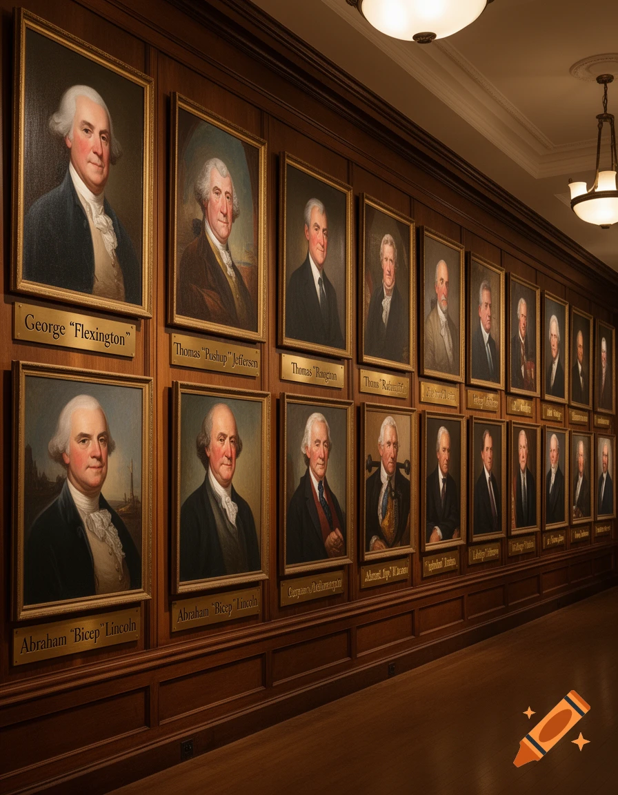 A long hallway in a stately building with many framed portraits of historical figures, like US presidents, hanging on a wood-paneled wall. Each portrait has a gold plaque below it.