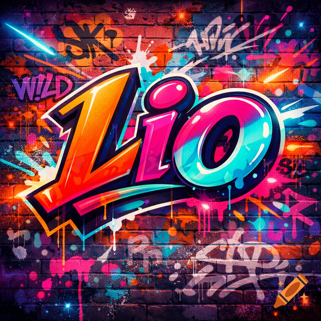 Vibrant graffiti art spelling "Lio" in bold, colorful letters with neon splatters and abstract tags on a brick wall.