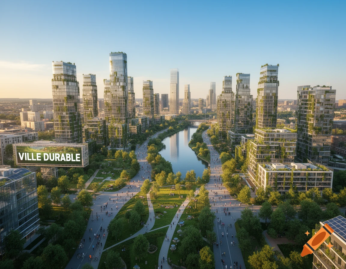 Aerial view of a sustainable city with green skyscrapers, a river, parks, and people walking, under a clear sky.