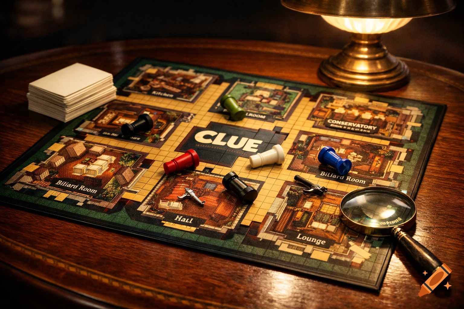 A Clue board game is laid out on a wooden table, with colorful pawns and miniature weapon pieces scattered on the board, illuminated by a lamp.